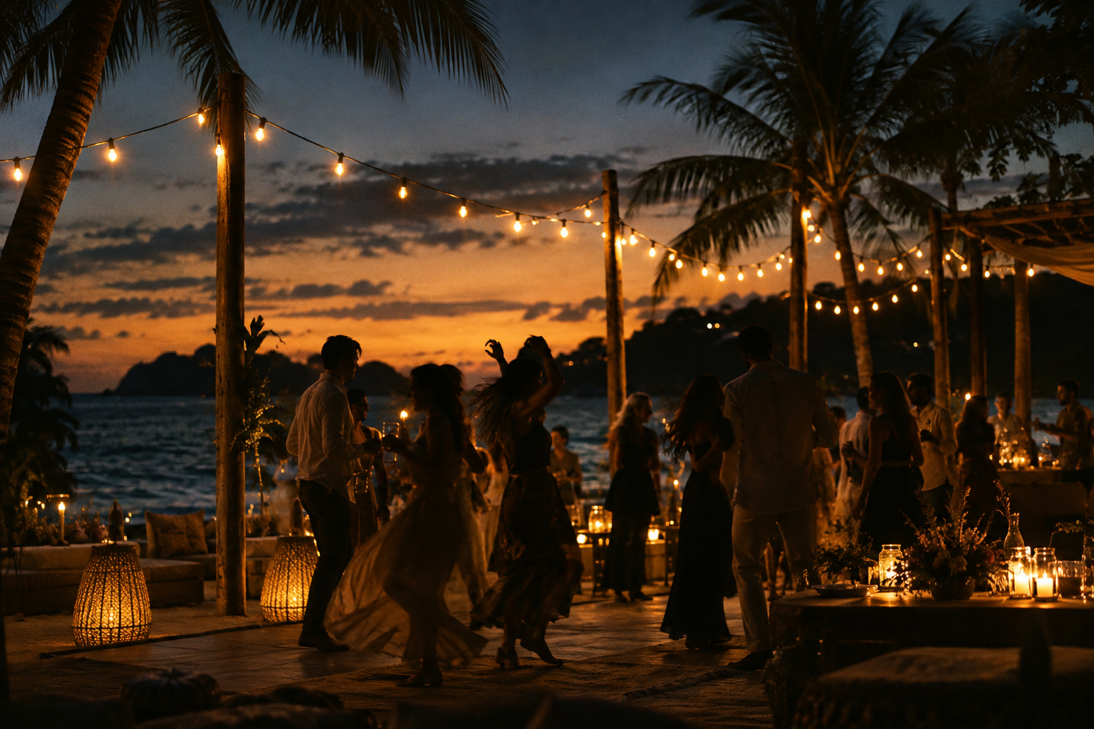 Guests dancing at an open-air celebration by the sea
