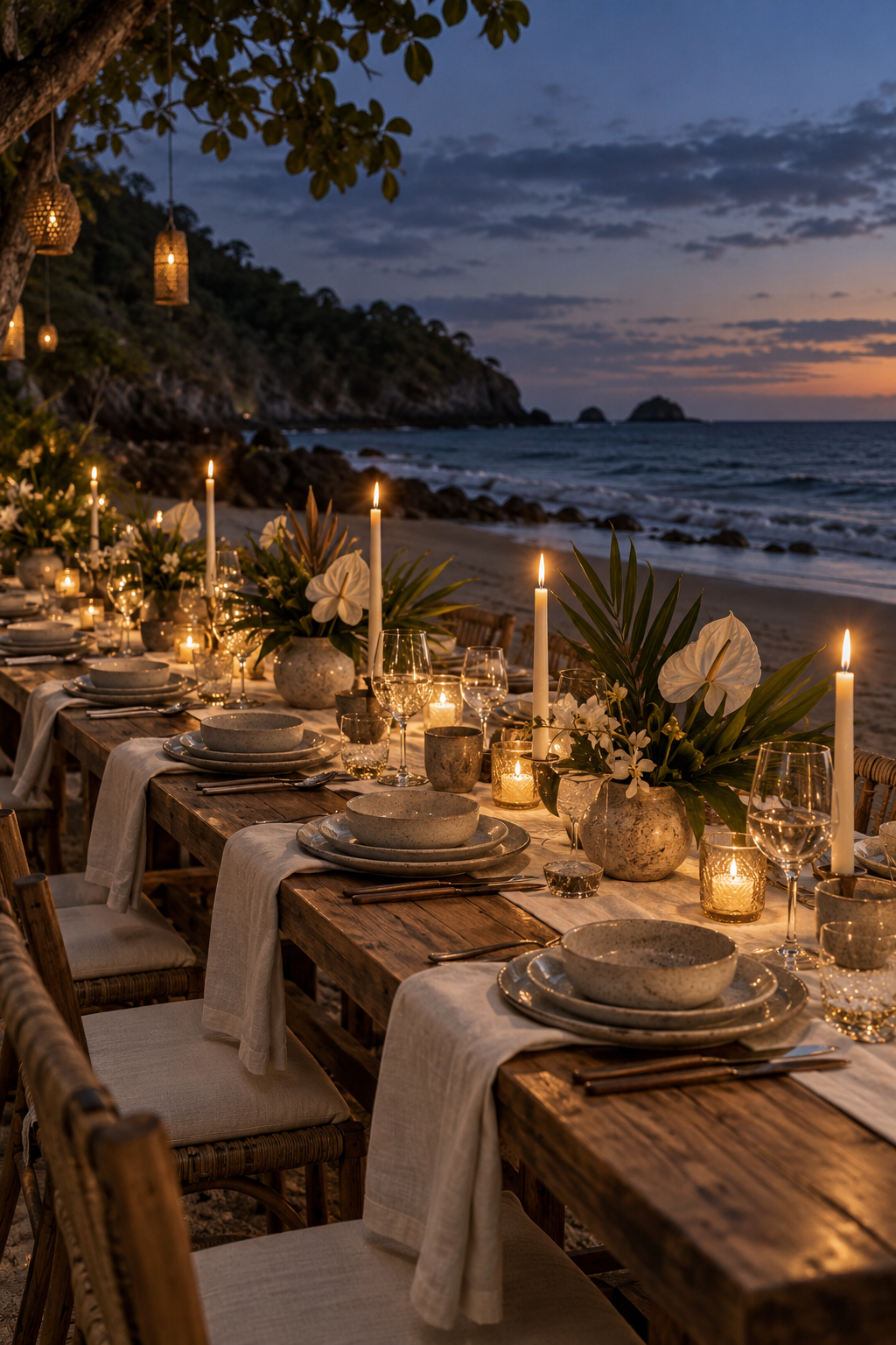 Candlelit private dinner table beside the ocean